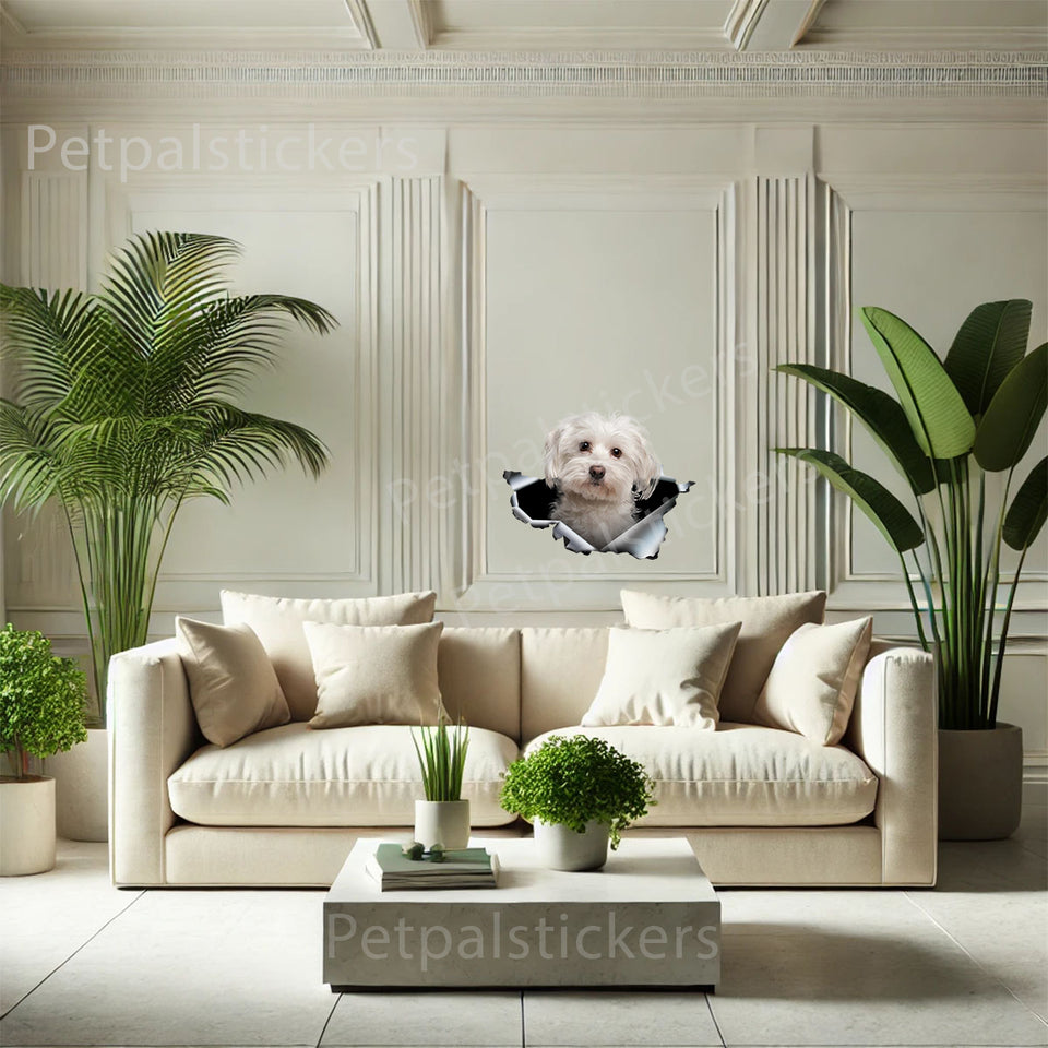 Adorable Maltese dog vinyl artwork decorating an indoor bedroom wall space.