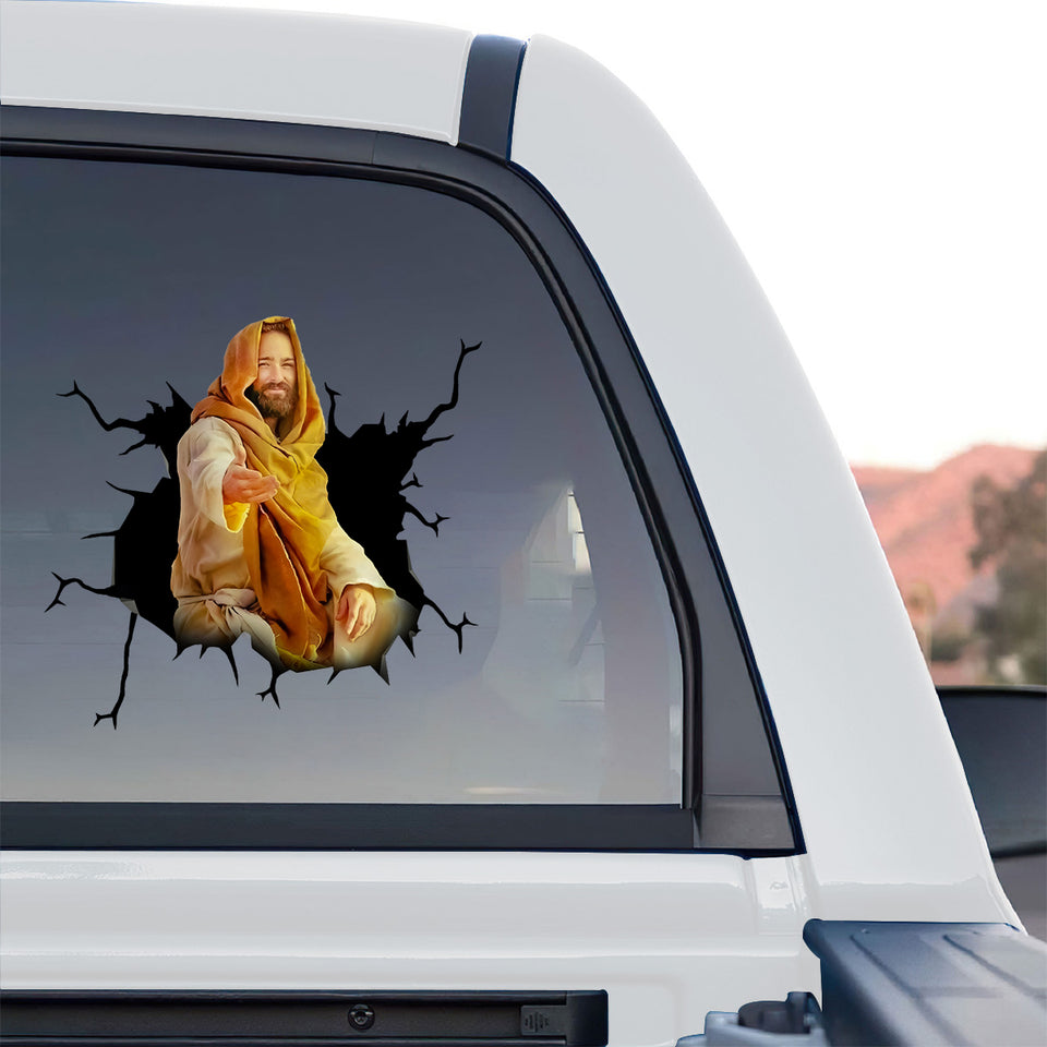 Clear vinyl Maria decal positioned on the rear window of a truck outdoors.