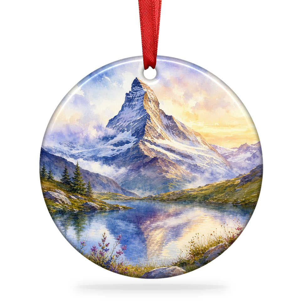 Matterhorn Christmas ornament centered on a crisp white background with its hanging loop.