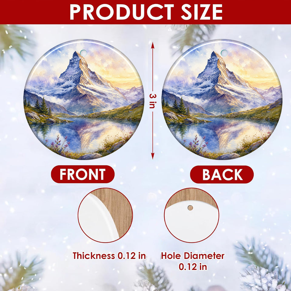 Product size chart showing the 3-inch round dimensions and double-sided print of the ceramic ornament.
