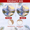 Product size chart showing the 3-inch round dimensions and double-sided print of the ceramic ornament.
