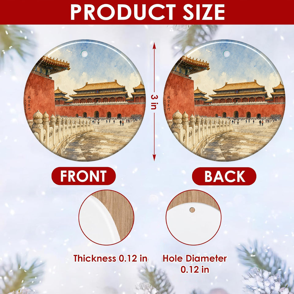 Graphic size chart detailing the 3-inch round dimensions and double-sided print of the ceramic ornament.