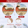 Graphic size chart detailing the 3-inch round dimensions and double-sided print of the ceramic ornament.