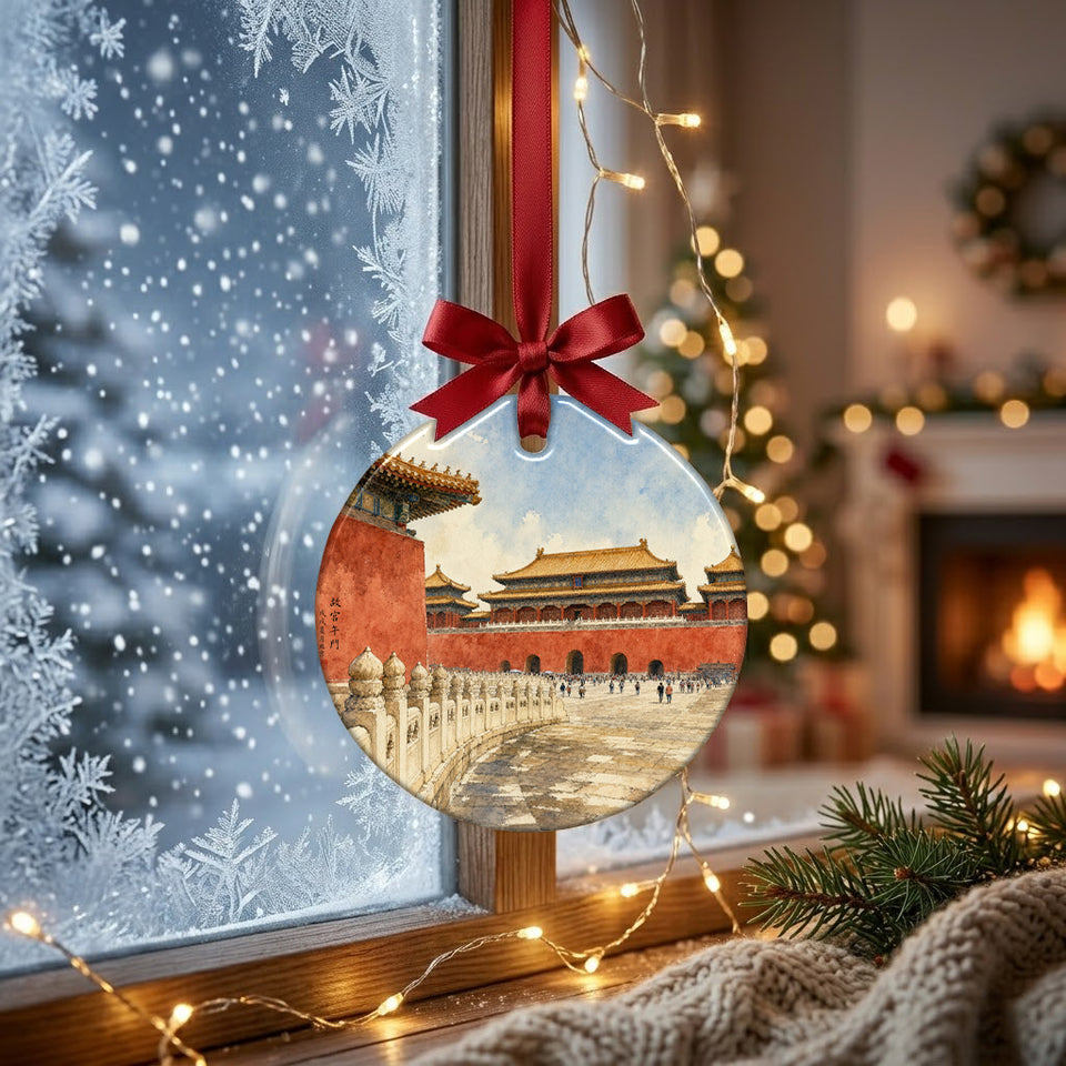 Round Beijing ornament suspended in front of a frosty winter window catching gentle daylight.