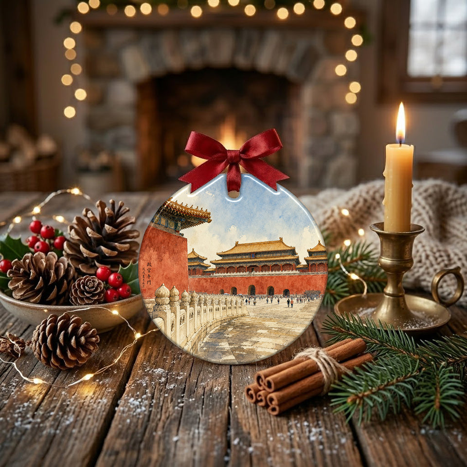 Festive holiday ornament styled on a rustic tabletop beside decorative pinecones and warm candlelight.
