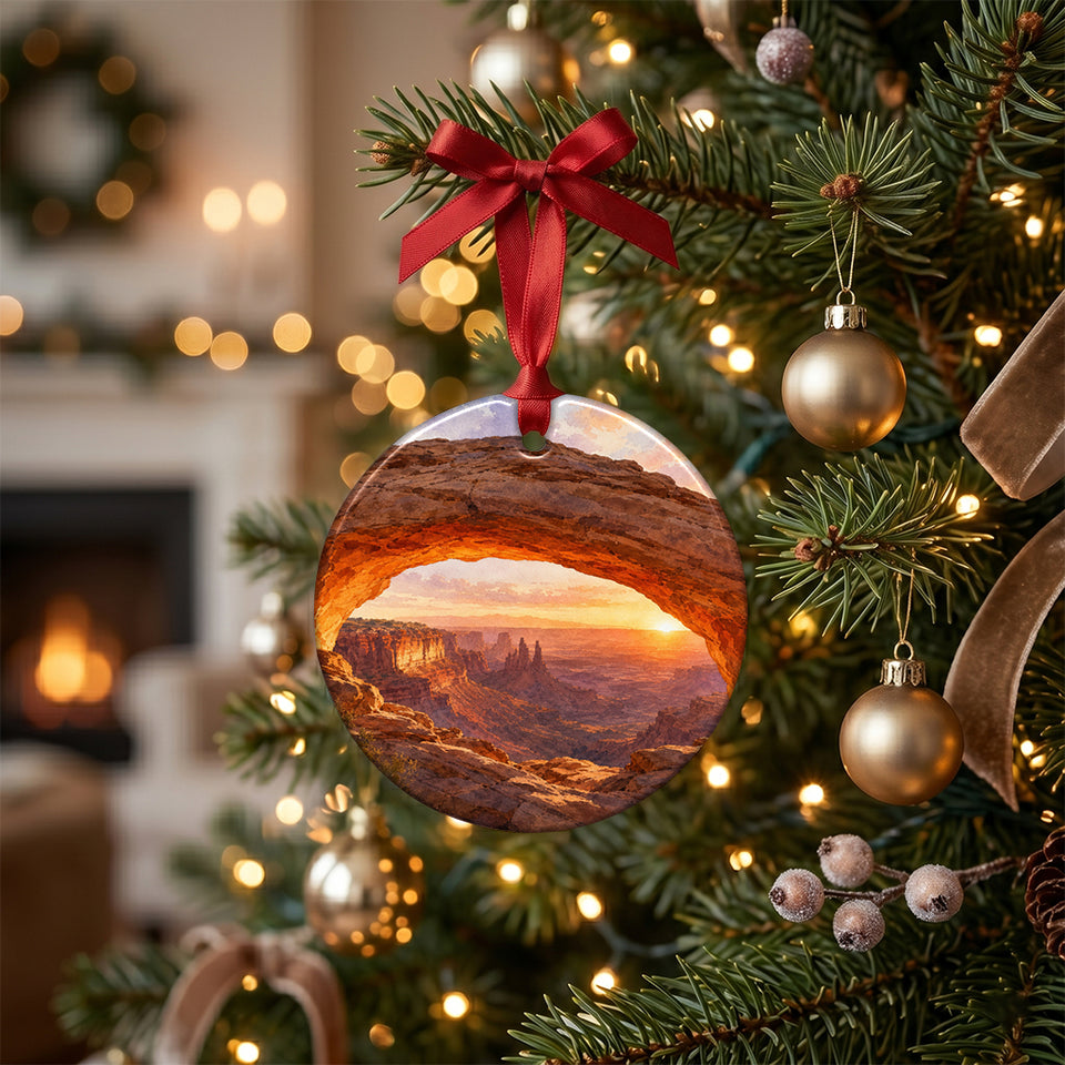 Ceramic desert landscape keepsake hanging gracefully from a lit Christmas tree branch
