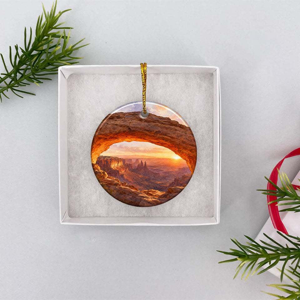 Utah sunrise ceramic ornament packaged neatly inside an opened white gift box