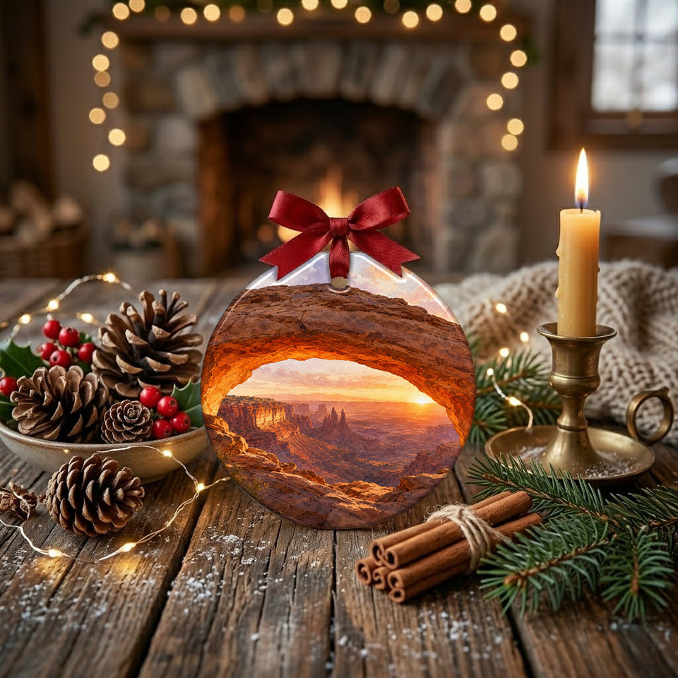 Southwestern ceramic keepsake styled on a rustic tabletop beside natural pinecones and candles