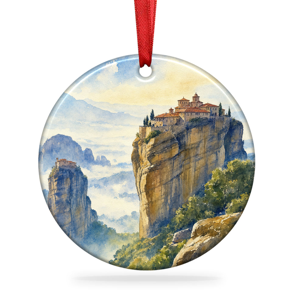 Meteora Monasteries Christmas ornament shown on a clean white background with hanging ribbon attached.