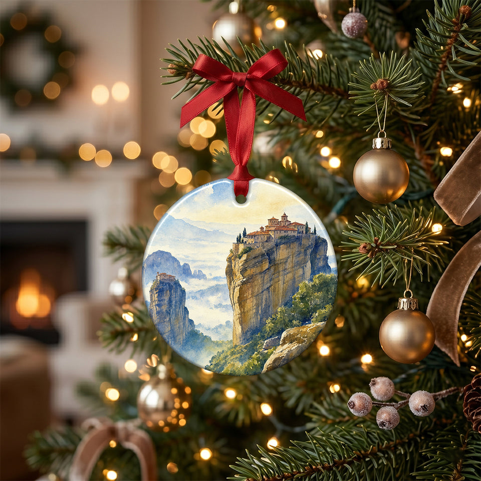 Holiday ornament featuring Greek cliffside monasteries hanging from a lit Christmas tree branch.
