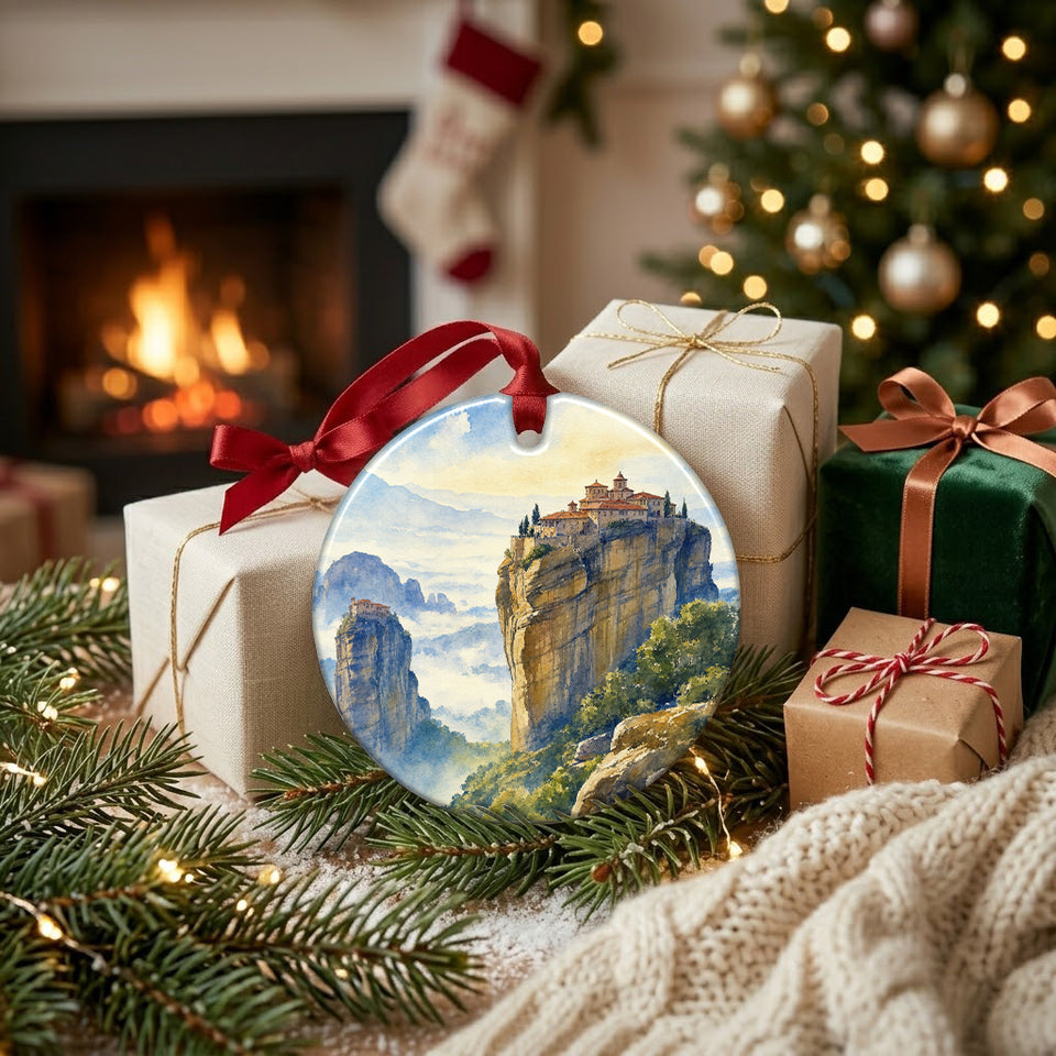 Ceramic travel keepsake styled next to wrapped holiday gifts beside a warm, glowing fireplace.