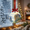 Thessaly Greece holiday decoration displayed in front of a frosty winter window in soft daylight.
