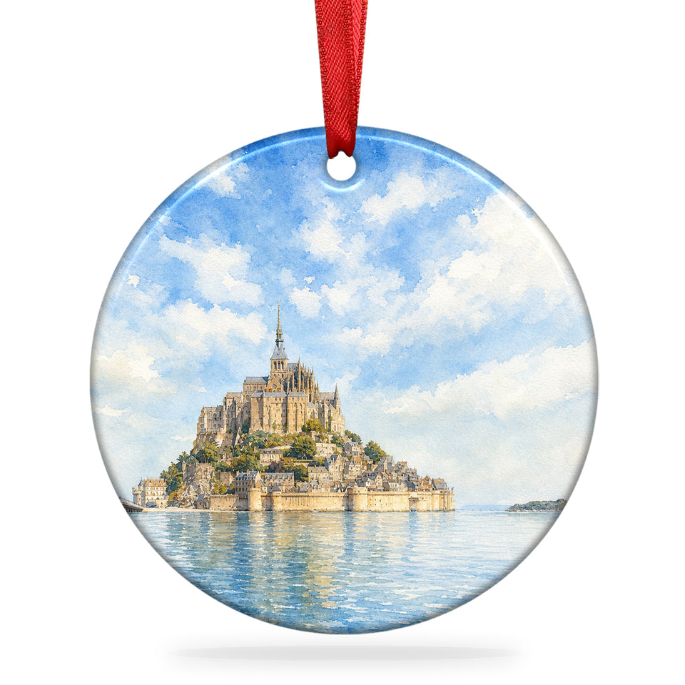 Mont Saint-Michel Christmas ornament displayed against a clean white background.