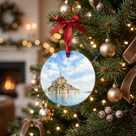 Decorative round ornament arranged on a seasonal holiday table with pinecone accents.