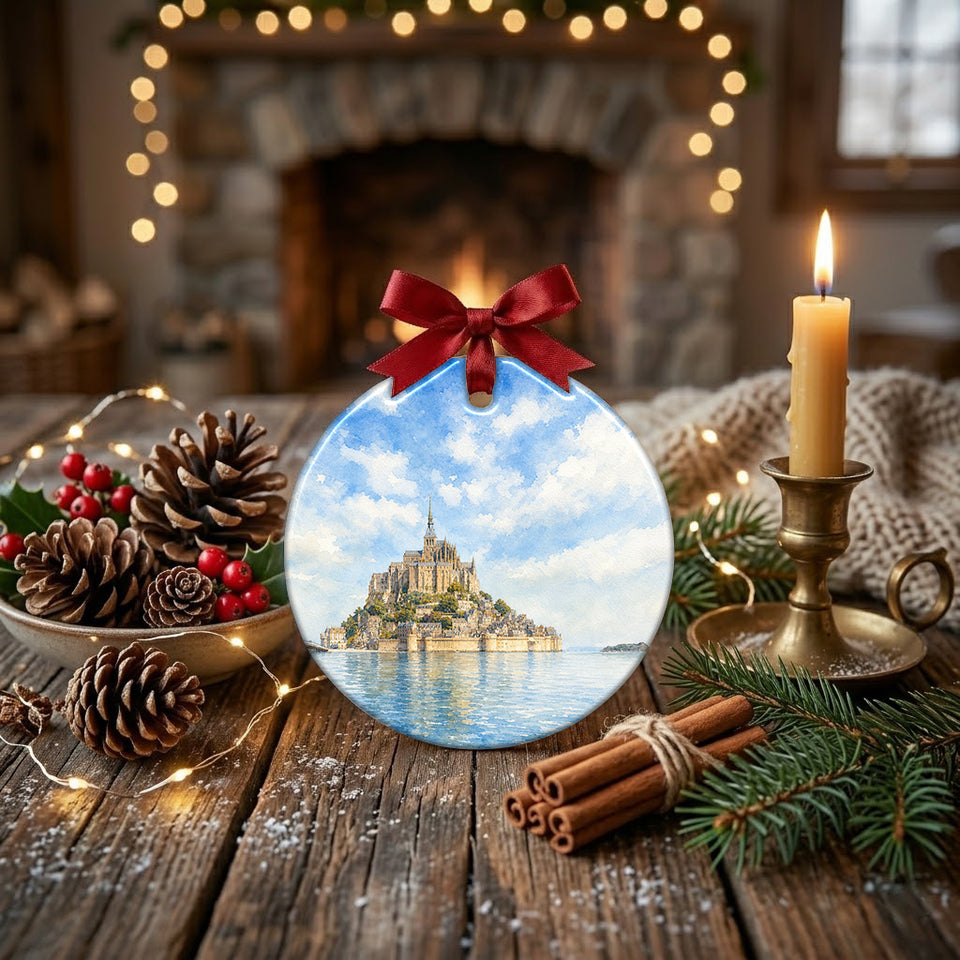 Decorative round ornament arranged on a seasonal holiday table with pinecone accents.