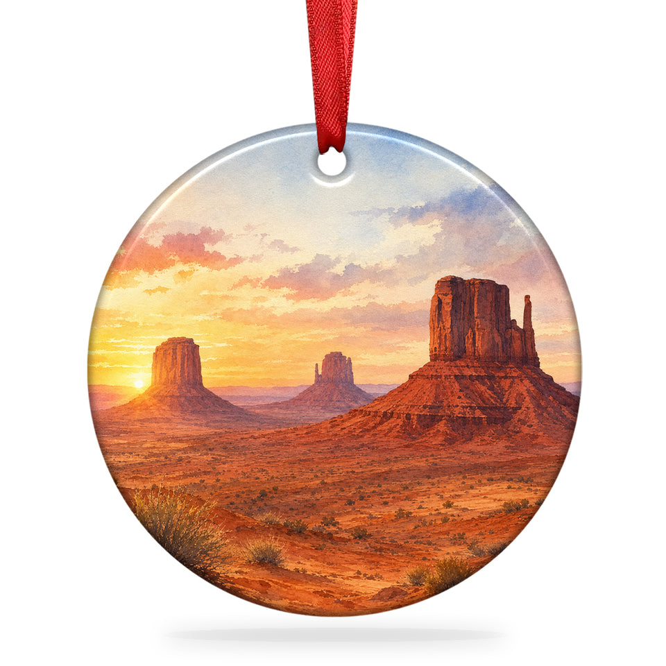 Monument Valley Christmas ornament showing sandstone buttes isolated on a white background with hanging ribbon.