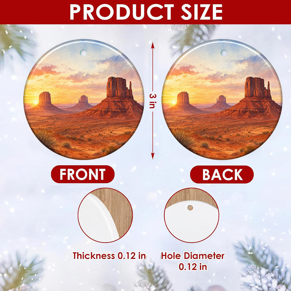 Detailed size chart showing the 3-inch circular dimensions and double-sided artwork print of the ceramic ornament.