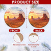 Detailed size chart showing the 3-inch circular dimensions and double-sided artwork print of the ceramic ornament.