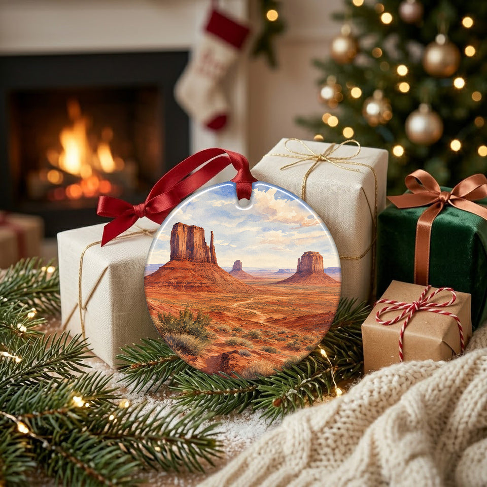 Southwest desert ornament resting near wrapped gifts by the glowing fireplace.