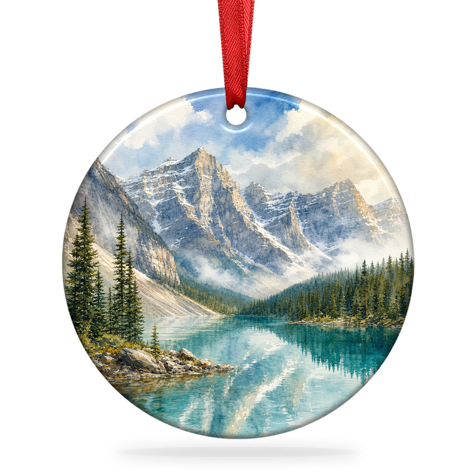 Moraine Lake Christmas ornament shown on a pure white background with attached hanging ribbon