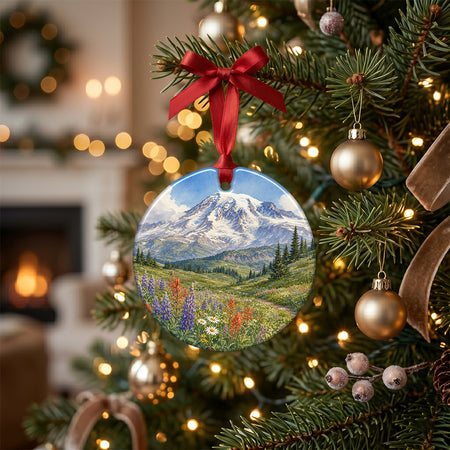 Holiday volcanic landscape ornament displayed on a rustic tabletop surrounded by natural pinecones.