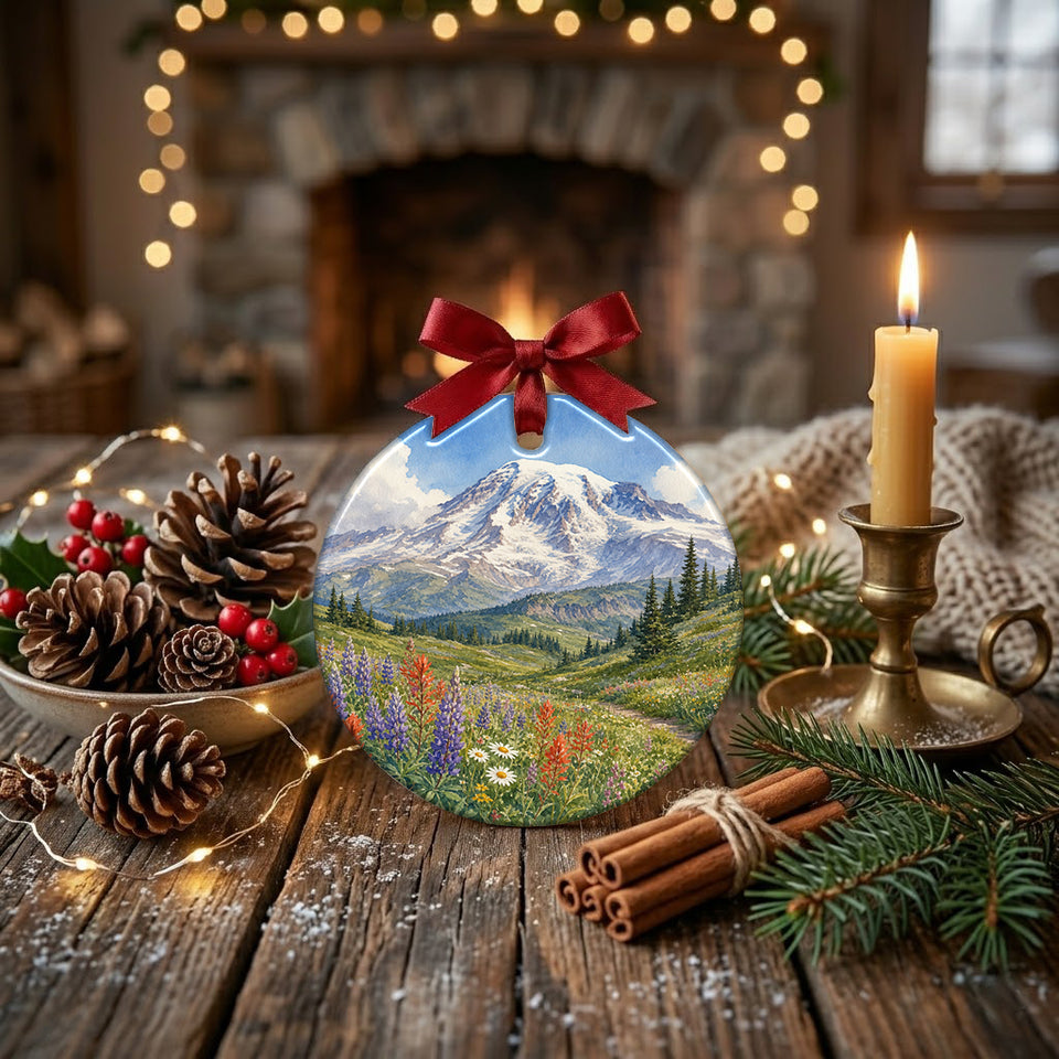 Holiday volcanic landscape ornament displayed on a rustic tabletop surrounded by natural pinecones.