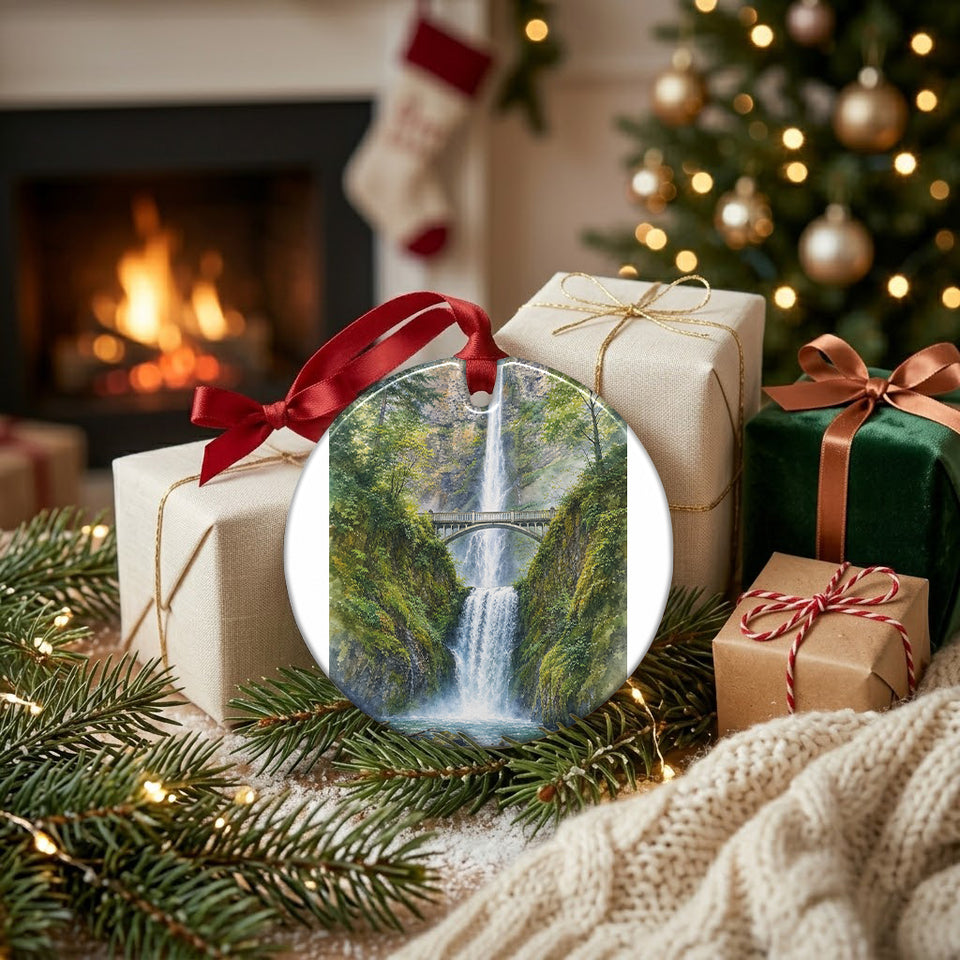 Ceramic keepsake resting near wrapped holiday gifts beside the warmth of a glowing fireplace.
