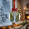 Two tier cascade ornament hanging before a frosty winter window in soft daylight.