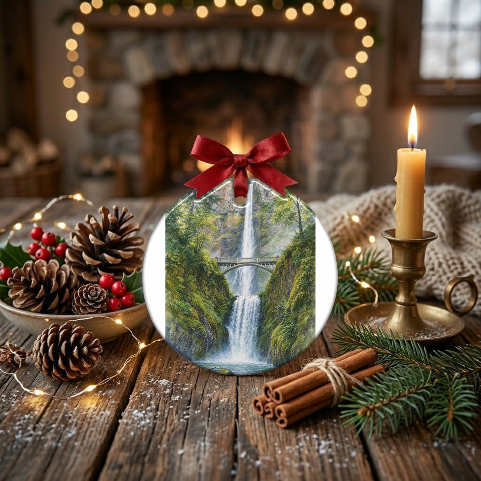 Festive holiday display showing the waterfall ornament on a table alongside pinecones and a candle.