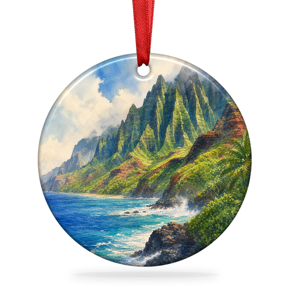 Nā Pali Coast Christmas ornament with emerald cliffs shown on a white background.