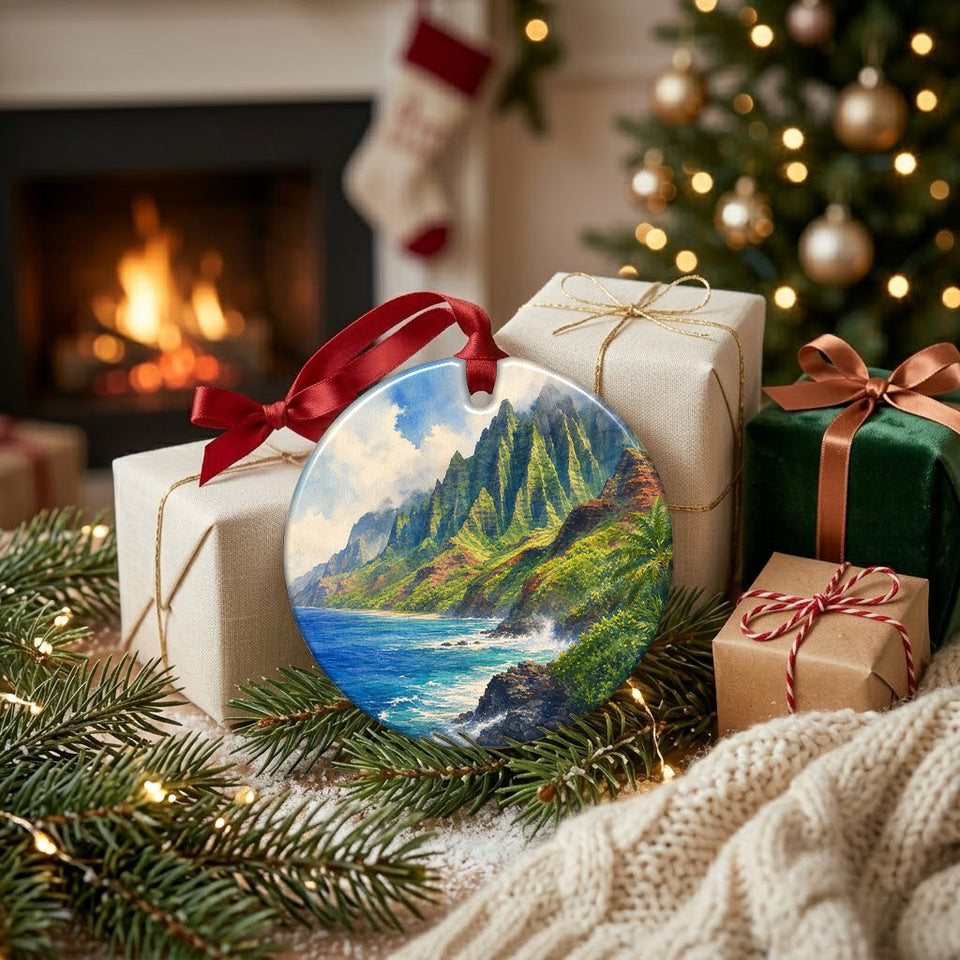 Tropical coastal ornament displayed beside wrapped gifts and a warm winter fireplace.