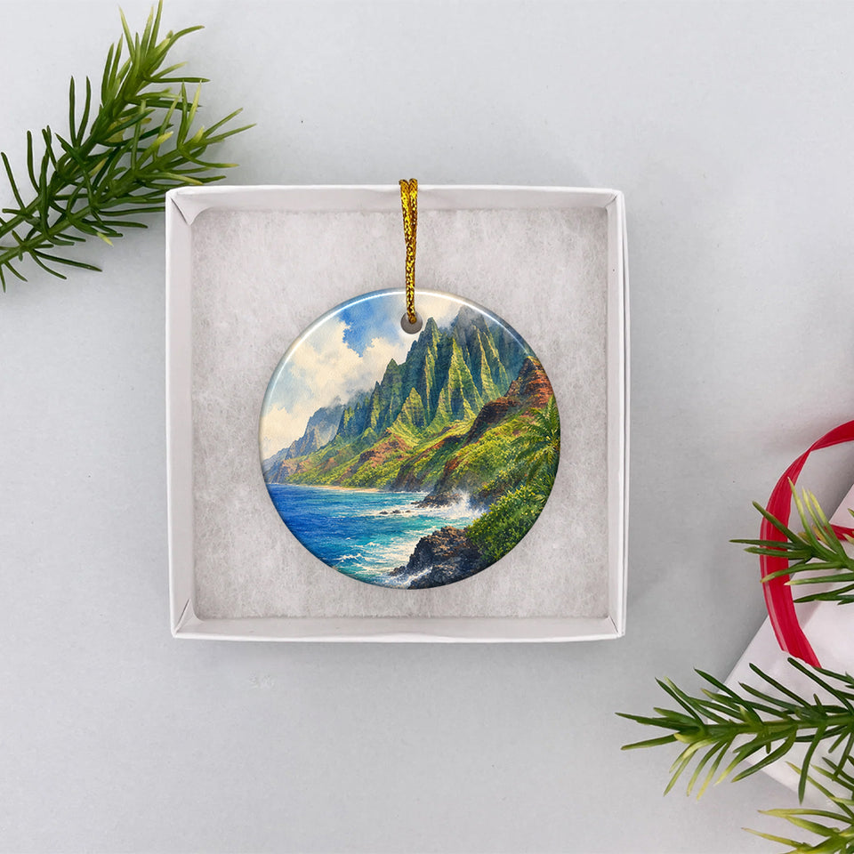 Nā Pali Coast ceramic keepsake presented inside an open white gift box ready for gifting.