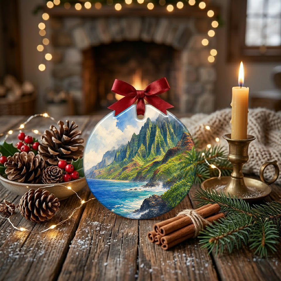 Ceramic island ornament resting on a rustic holiday table beside natural pinecones.