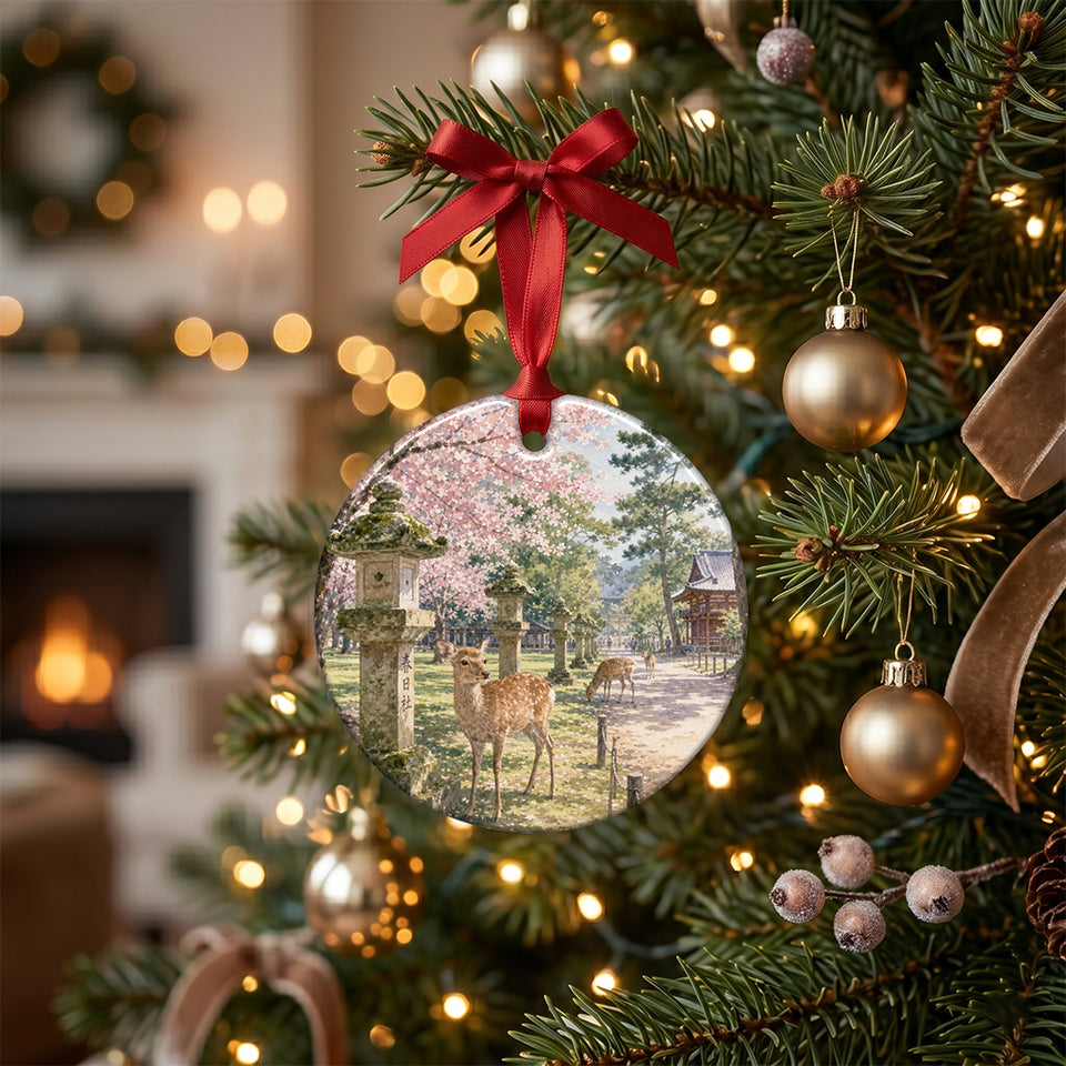 Ceramic holiday ornament hanging from a glowing Christmas tree branch surrounded by warm lights.