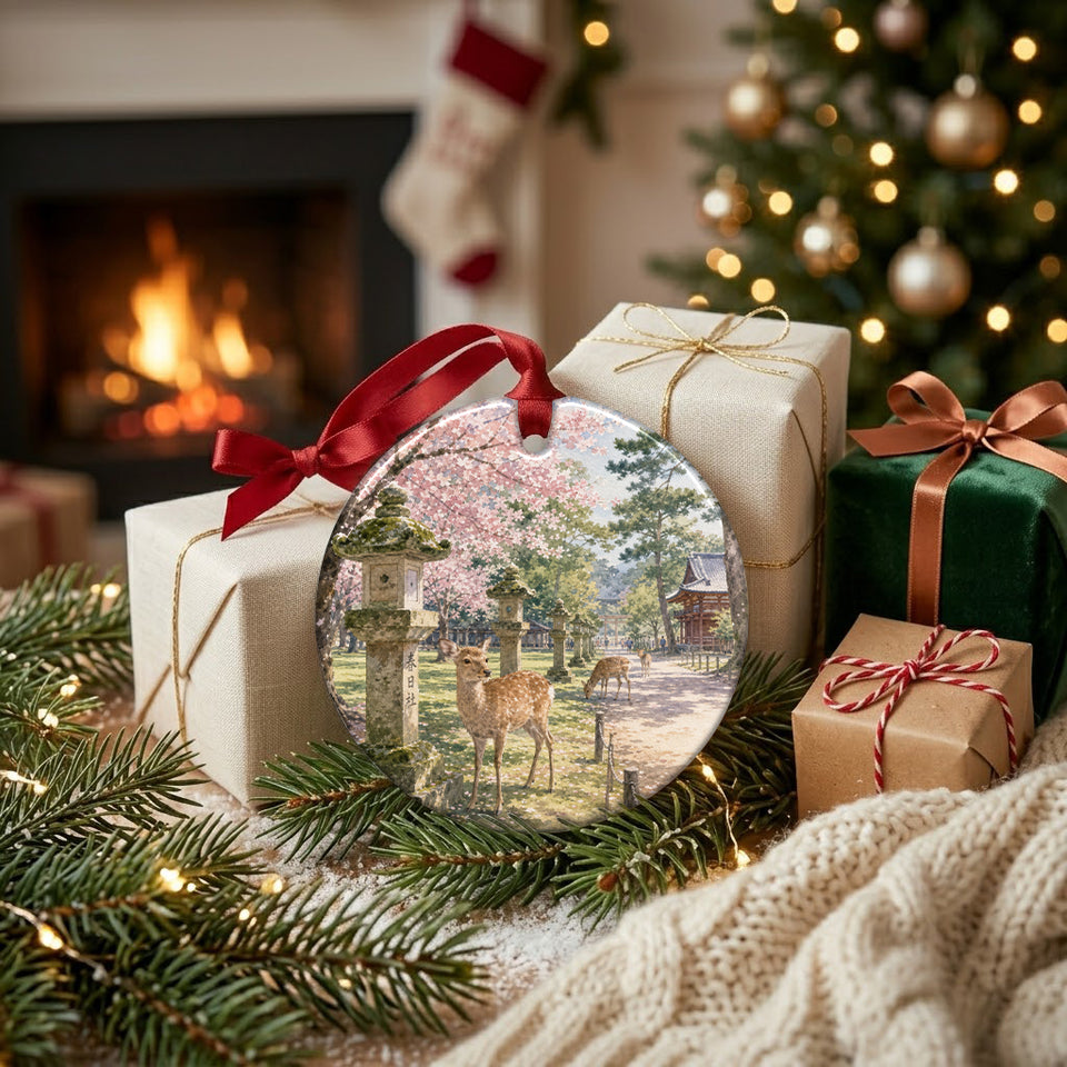 Japanese landmark ornament resting beside wrapped holiday gifts near a cozy brick fireplace.