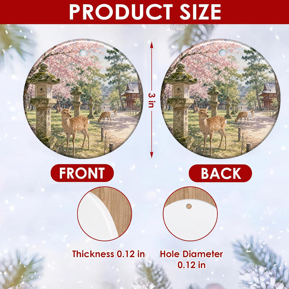 Product size chart diagram displaying the 3-inch ceramic ornament with double-sided artwork.