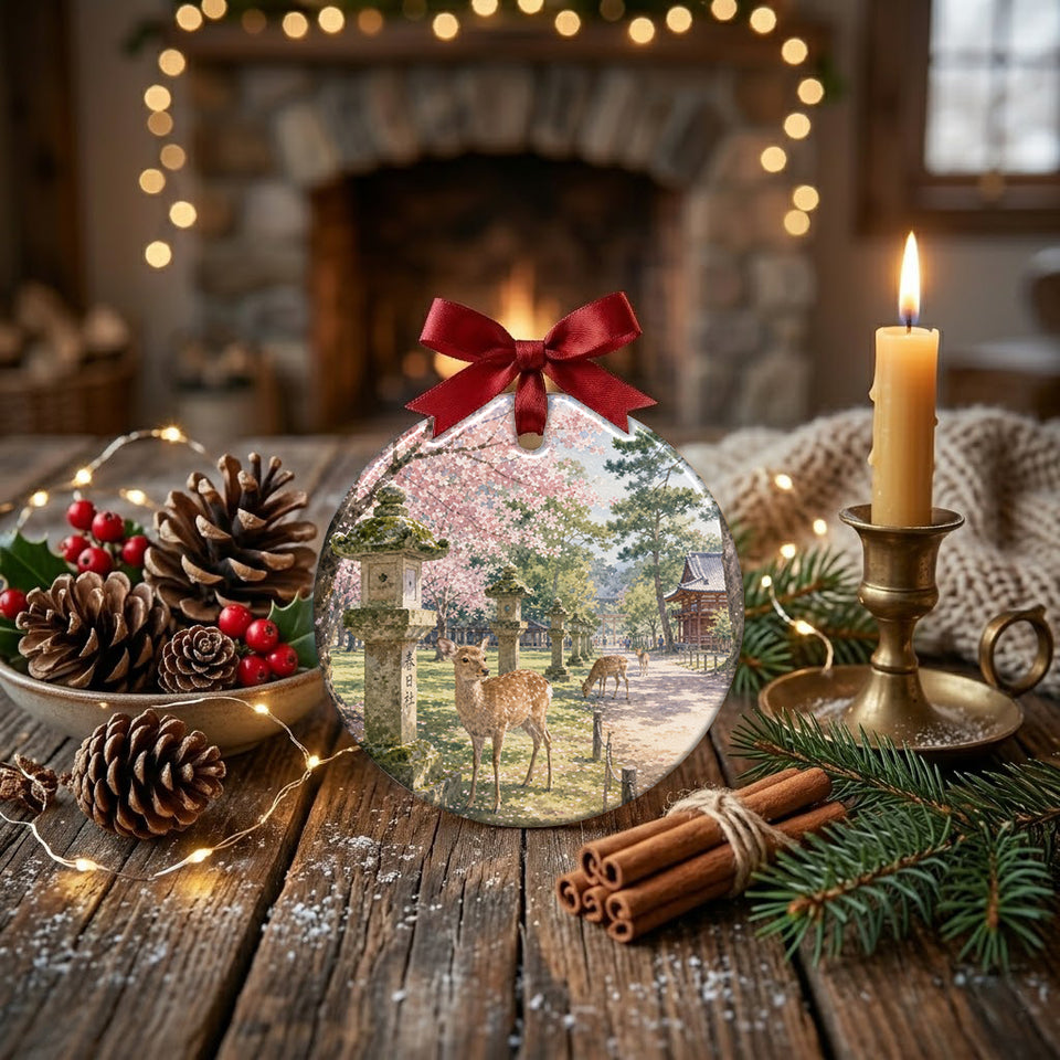 Holiday ornament styled on a rustic tabletop decorated with festive pinecones and a candle.