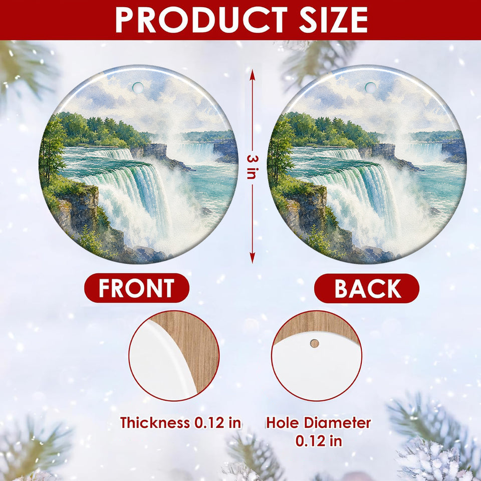 Product size chart diagram highlighting the 3-inch diameter and ceramic details of the ornament.