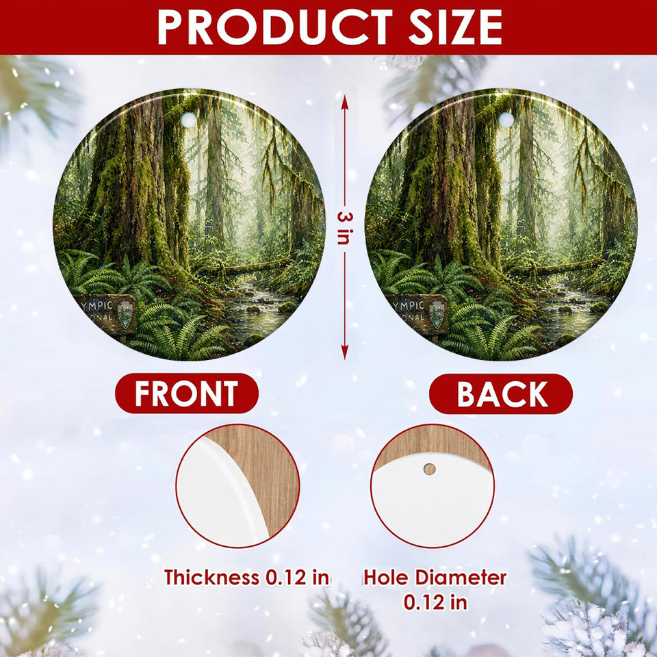 Detailed size chart showing the 3-inch dimensions and two-sided print of the ceramic ornament.