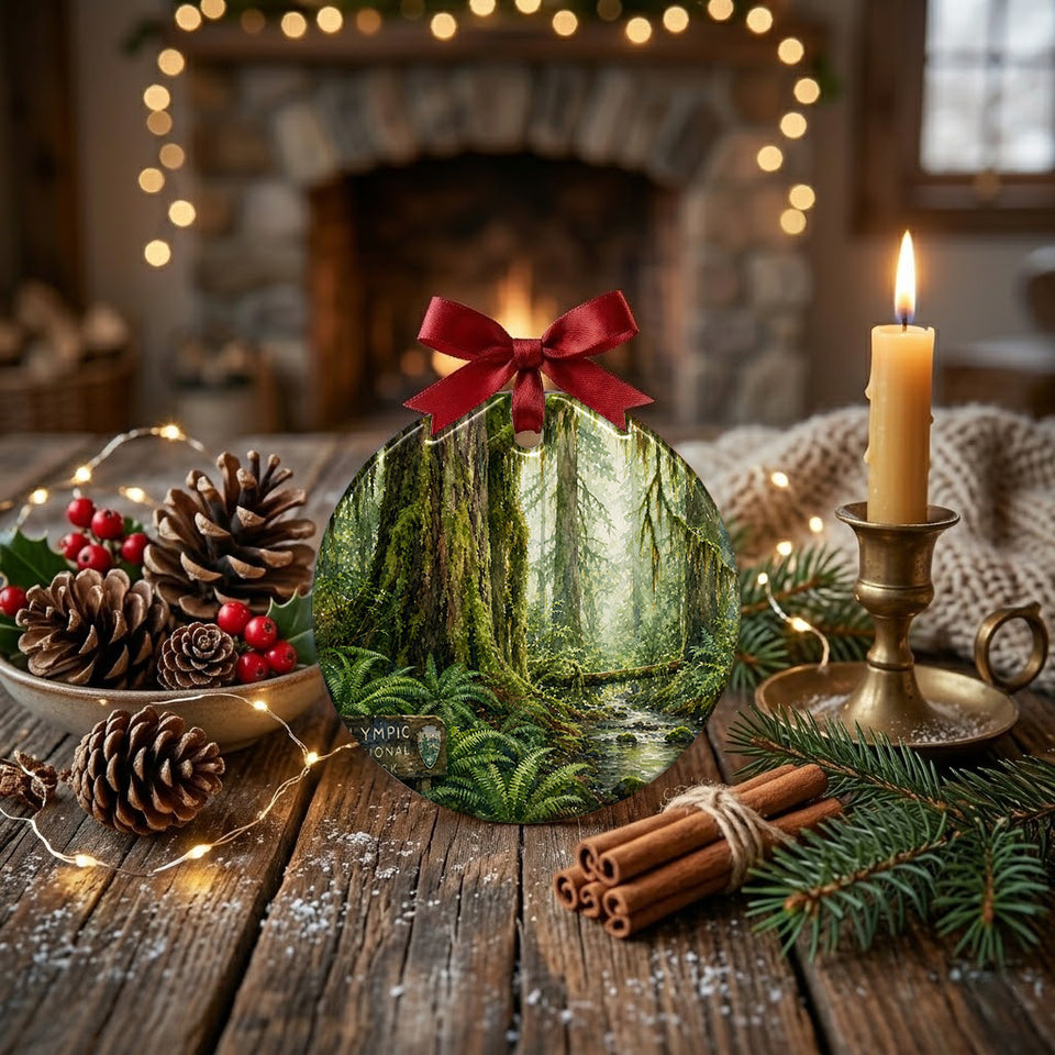 Festive Olympic National Park travel keepsake arranged on a rustic table with natural pinecones.