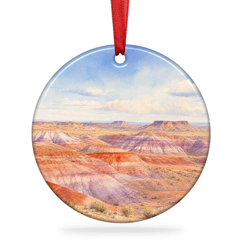 Painted Desert ceramic holiday ornament displayed over a clean white background.