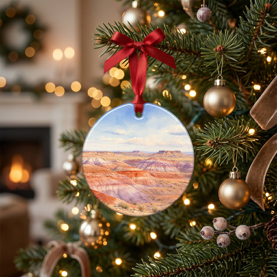 Southwestern desert keepsake hanging gracefully on a brightly lit Christmas tree branch.