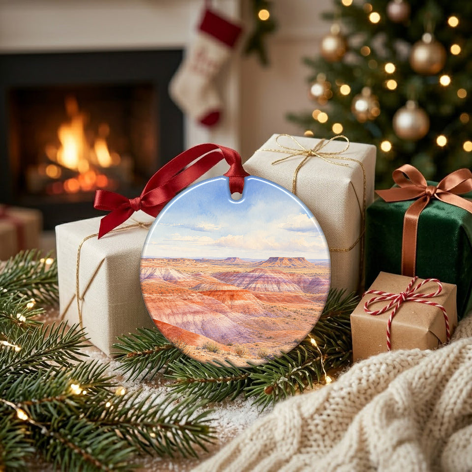 Holiday ornament resting on a mantle next to wrapped gifts and warm glowing lights.