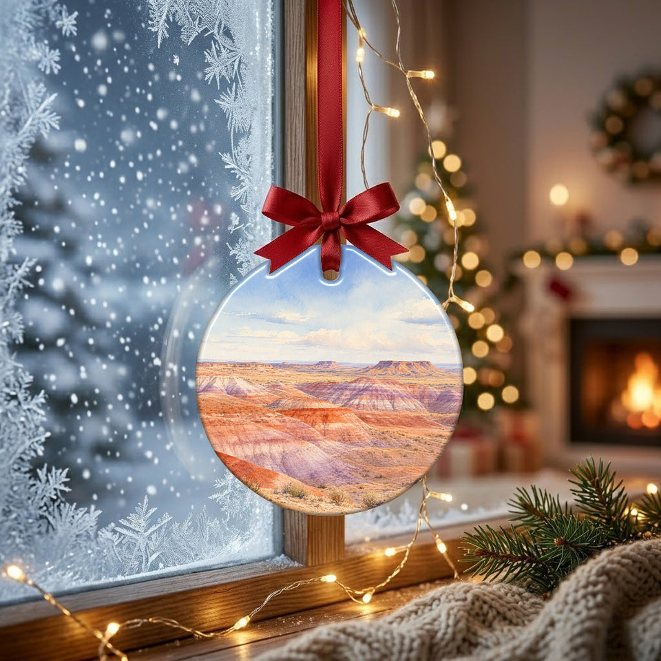 Desert landscape decoration suspended in front of a frosty winter window in soft daylight.