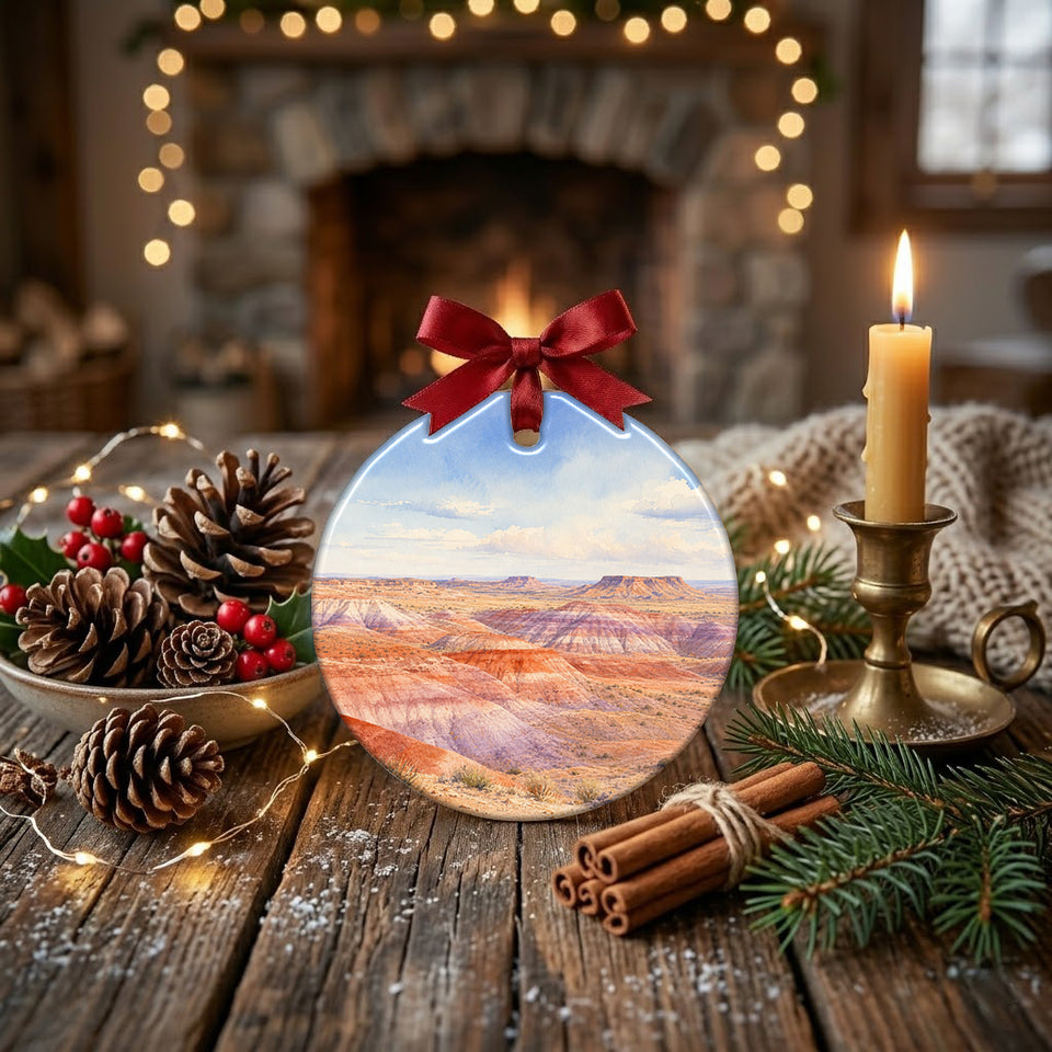 Festive holiday decoration resting on a tabletop beside a seasonal pinecone and lit candle.