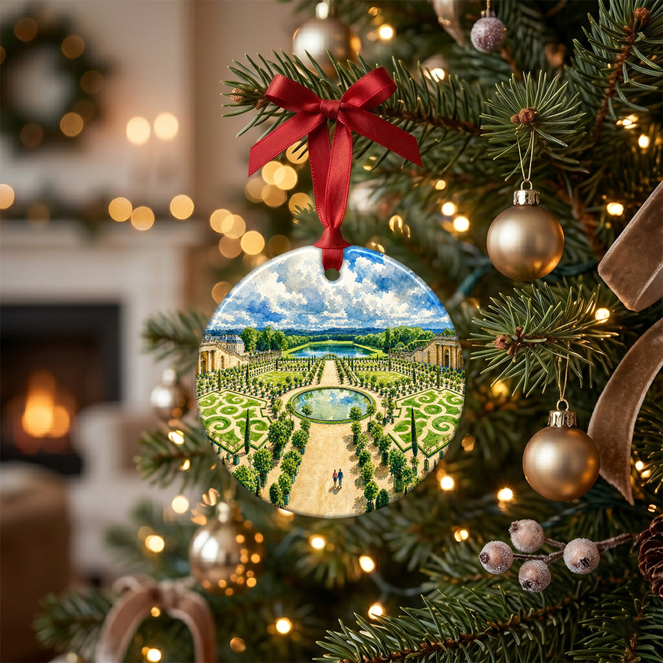 French parterre garden holiday ornament hanging from the branch of a lit Christmas tree surrounded by warm lights.