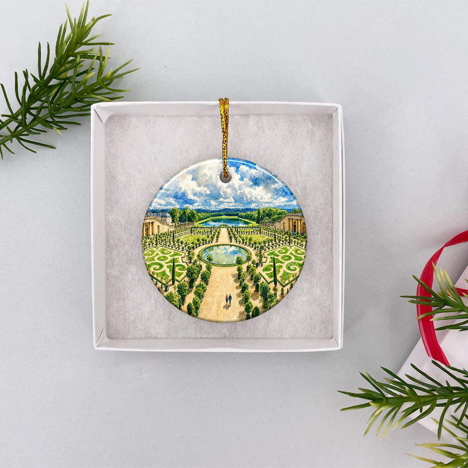 Round ceramic travel keepsake tucked securely inside an opened white gift box ready for Christmas presenting.
