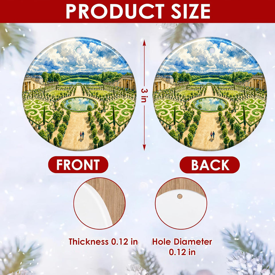 Product size chart diagram displaying three-inch measurements and double-sided print details for the round ornament.
