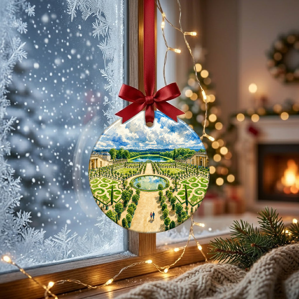 Watercolor garden artwork ornament hung beside a frosty winter window catching gentle morning daylight.