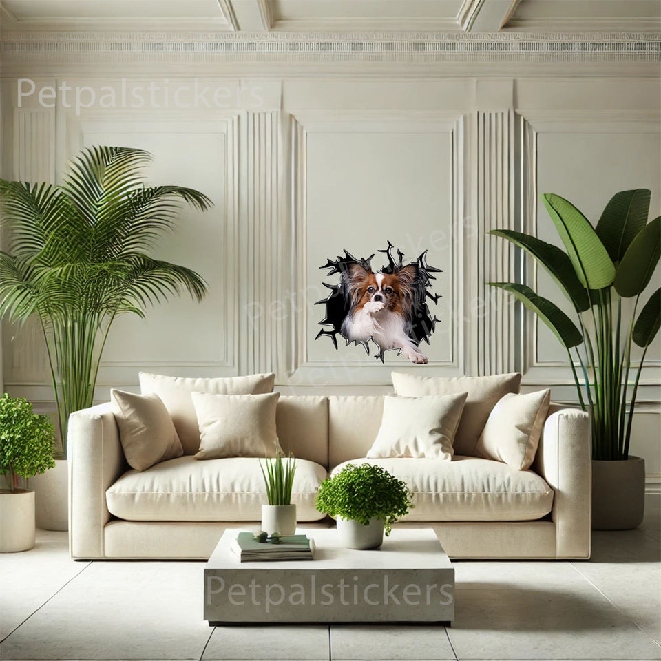 Decorative Papillon dog art vinyl sticker accenting an indoor wall in a cozy home setting.